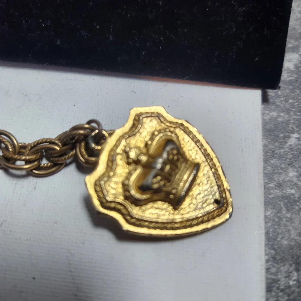Vintage Gold Tone Heraldic Shield Crown‎ Charm Bracelet Orange Enamel